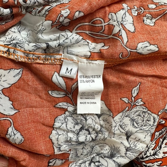 Women Boho Dress Medium M Orange White Floral Hem Ruffled Backless Elastic Waist - Picture 16 of 16